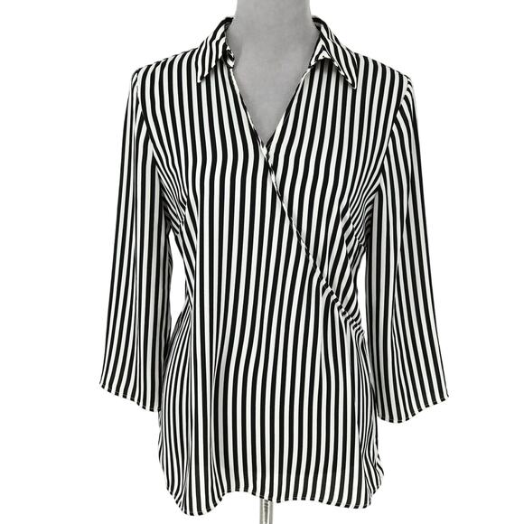 Talbots Top Small Womens Black White Stripe Blouse Side Zip Faux Wrap Pullover - Picture 1 of 13